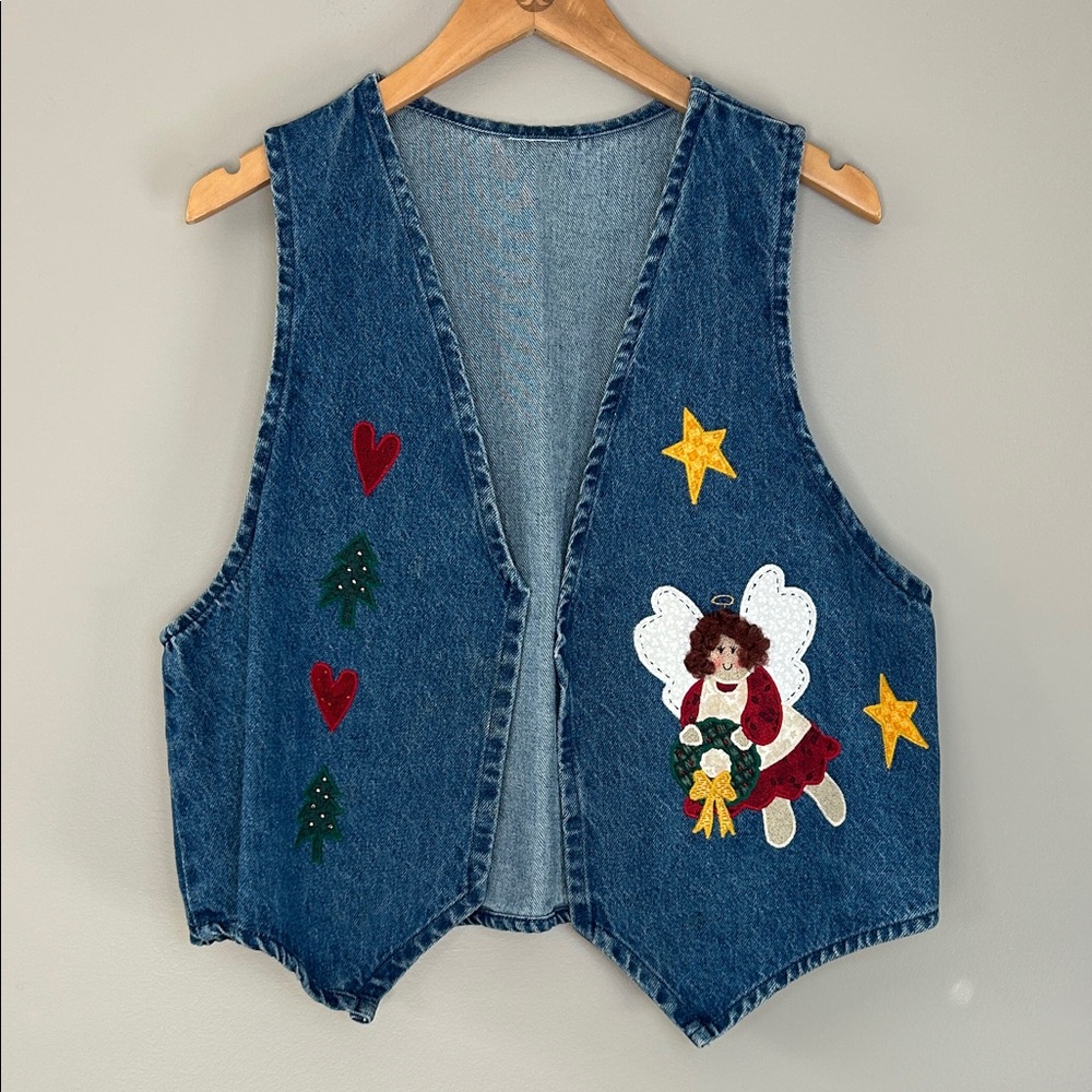 Vintage Embroidered Denim Christmas Vest Size L/XL Novelty Angel Star‎ Tree 80s